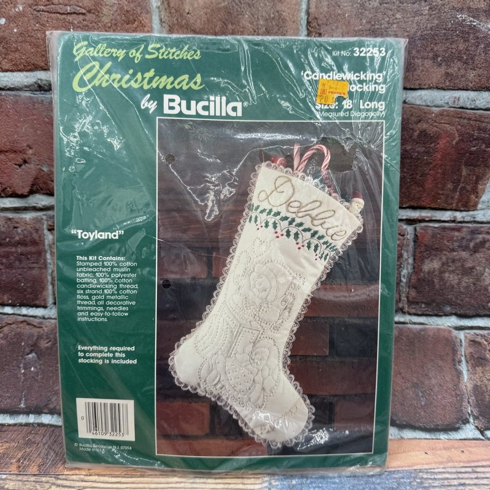 Bucilla Toyland Candlewicking White Christmas Stocking Kit 32253 Muslin Vintage